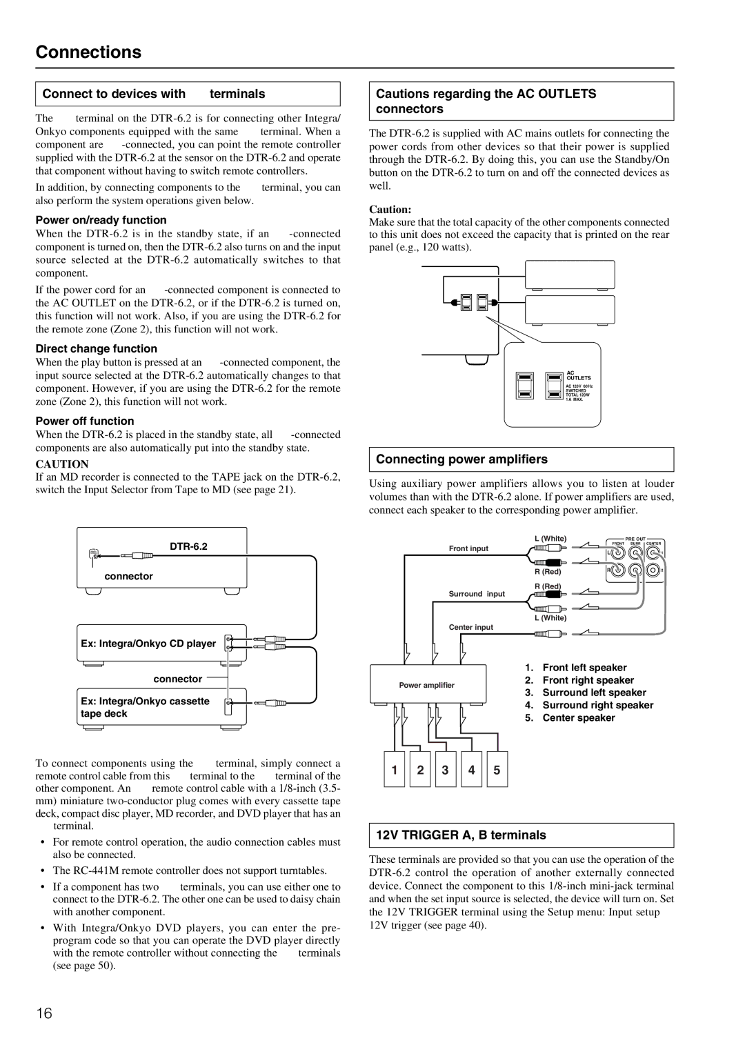 Integra DTR-6.2 Connect to devices with z terminals, Connecting power amplifiers, 12V Trigger A, B terminals 