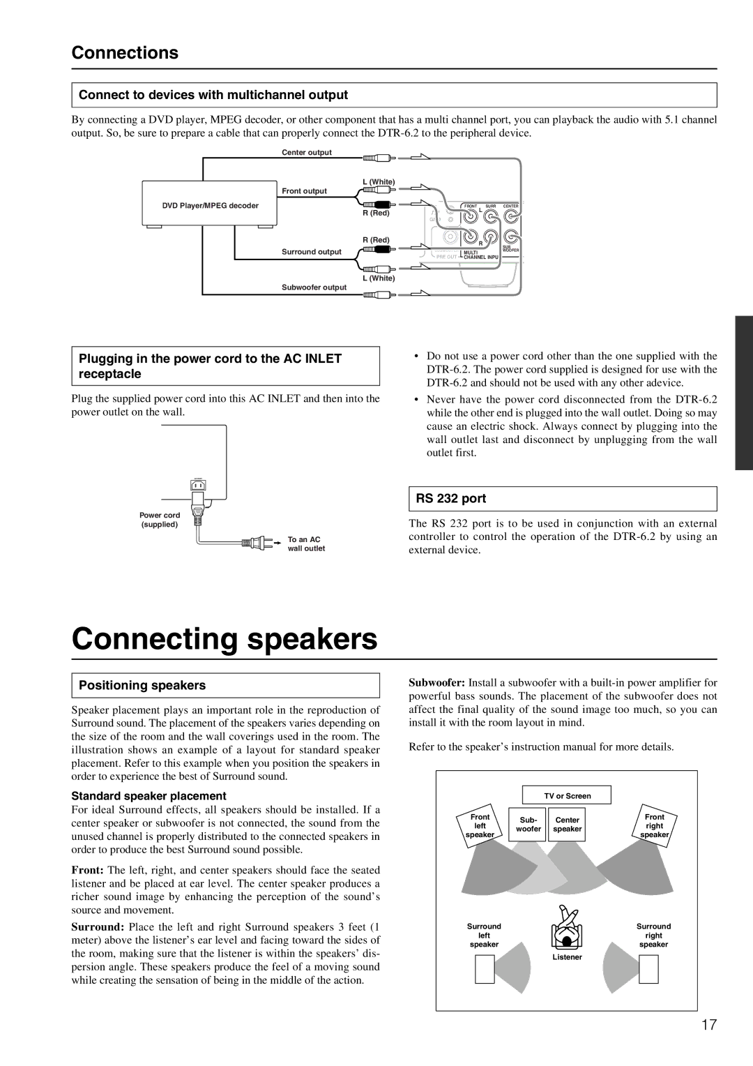 Integra DTR-6.2 Connecting speakers, Connect to devices with multichannel output, RS 232 port, Positioning speakers 