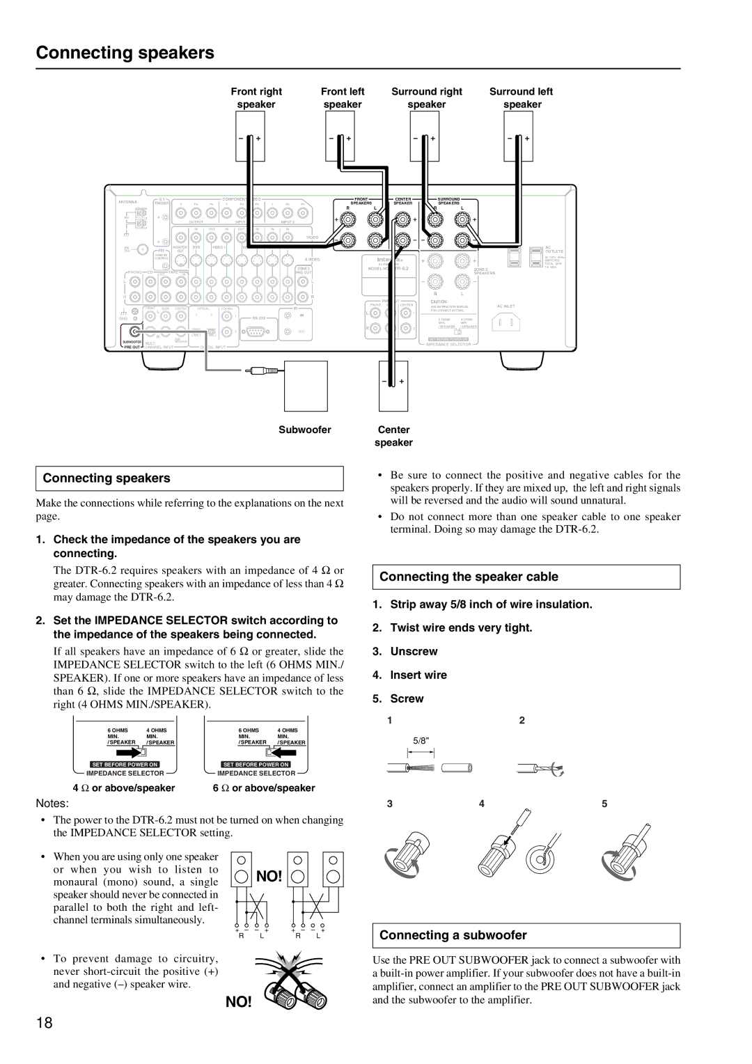 Integra DTR-6.2 instruction manual Connecting speakers, Connecting the speaker cable, Connecting a subwoofer 