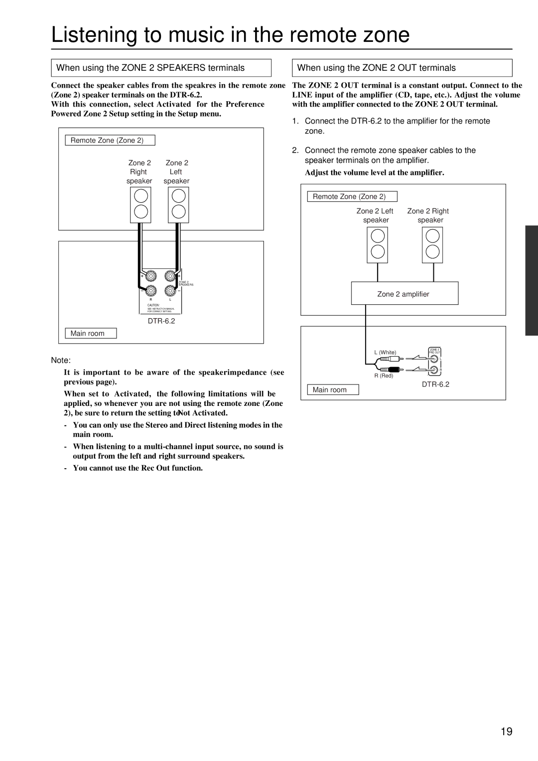 Integra DTR-6.2 instruction manual Listening to music in the remote zone, When using the Zone 2 Speakers terminals 