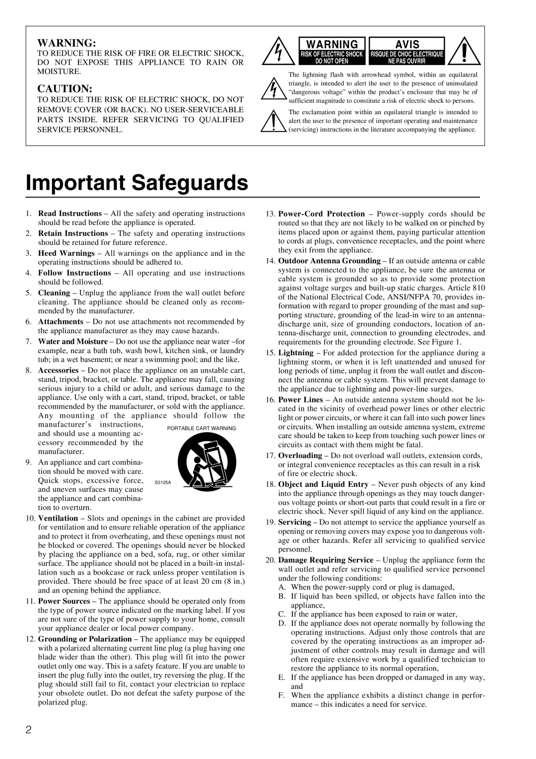 Integra DTR-6.2 instruction manual Important Safeguards, Avis 