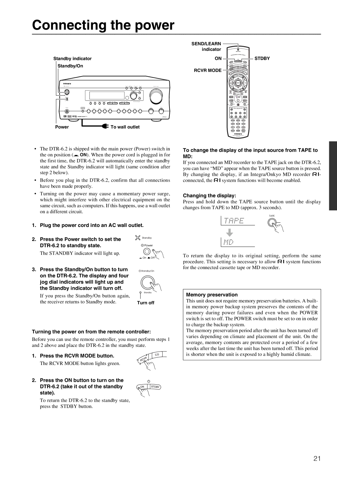 Integra DTR-6.2 instruction manual Connecting the power 