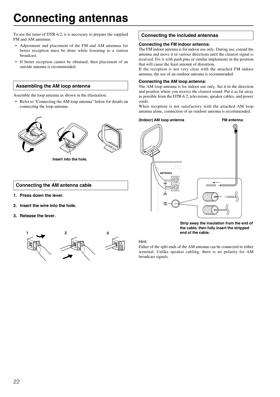 Integra DTR-6.2 instruction manual Connecting antennas, Assembling the AM loop antenna, Connecting the AM antenna cable 