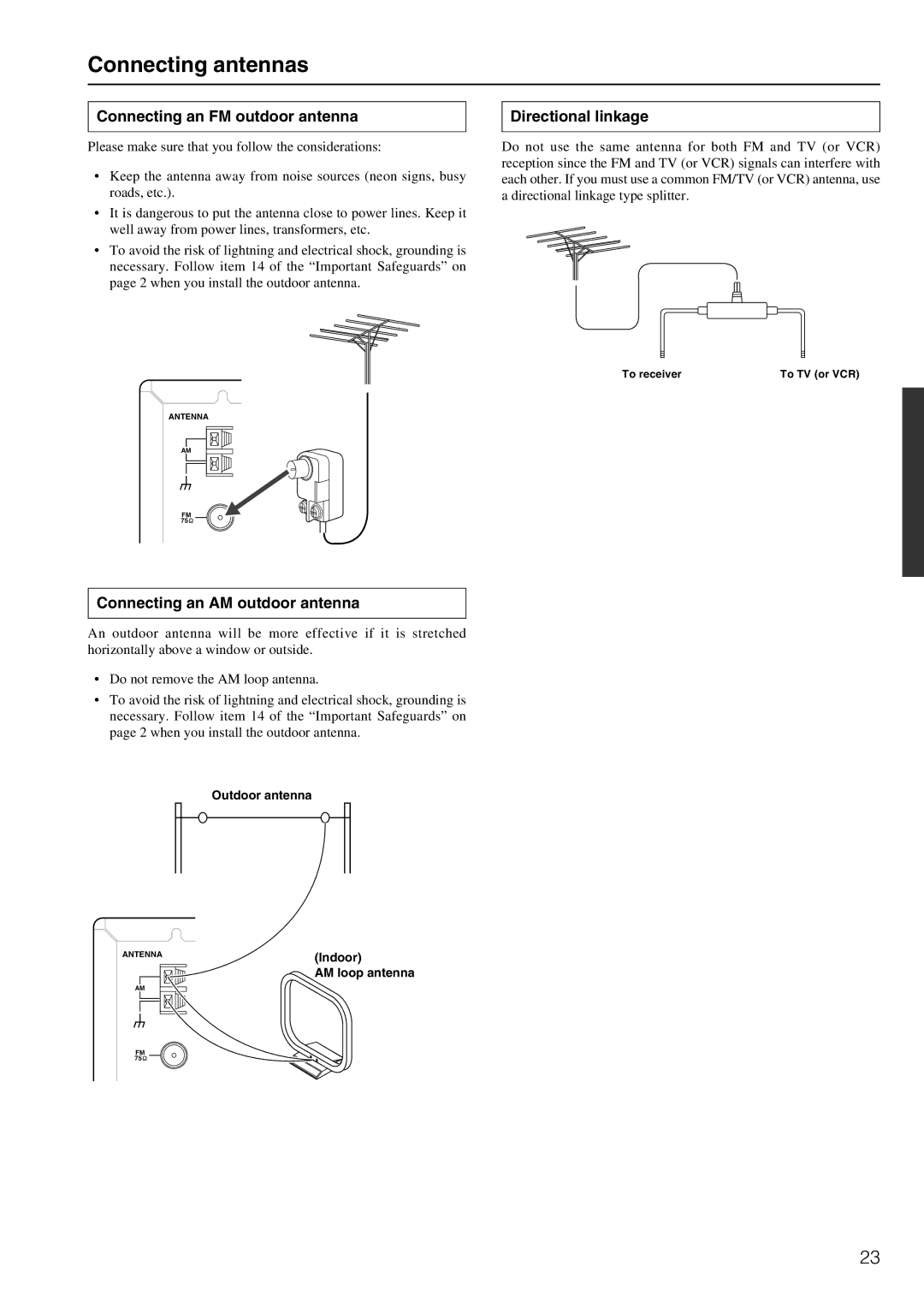 Integra DTR-6.2 instruction manual Connecting antennas, Connecting an FM outdoor antenna, Directional linkage 