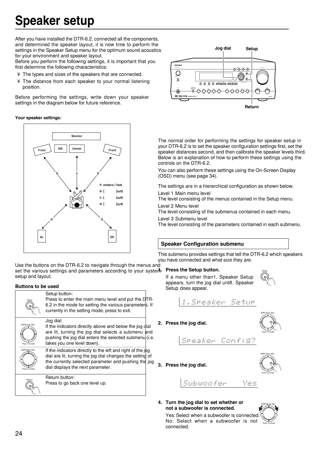 Integra DTR-6.2 instruction manual Speaker setup, Speaker Configuration submenu, Buttons to be used, Press the Setup button 