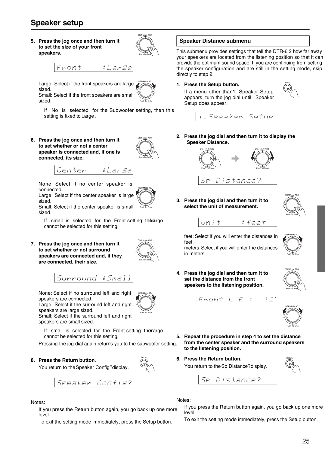 Integra DTR-6.2 instruction manual Speaker setup, Speaker Distance submenu 