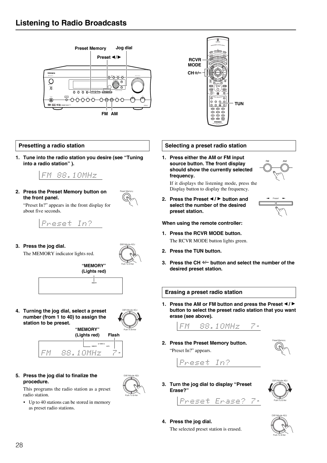 Integra DTR-6.2 Listening to Radio Broadcasts, Presetting a radio station Selecting a preset radio station 