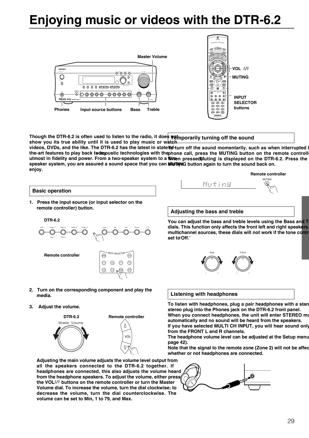 Integra instruction manual Enjoying music or videos with the DTR-6.2, Temporarily turning off the sound, Basic operation 