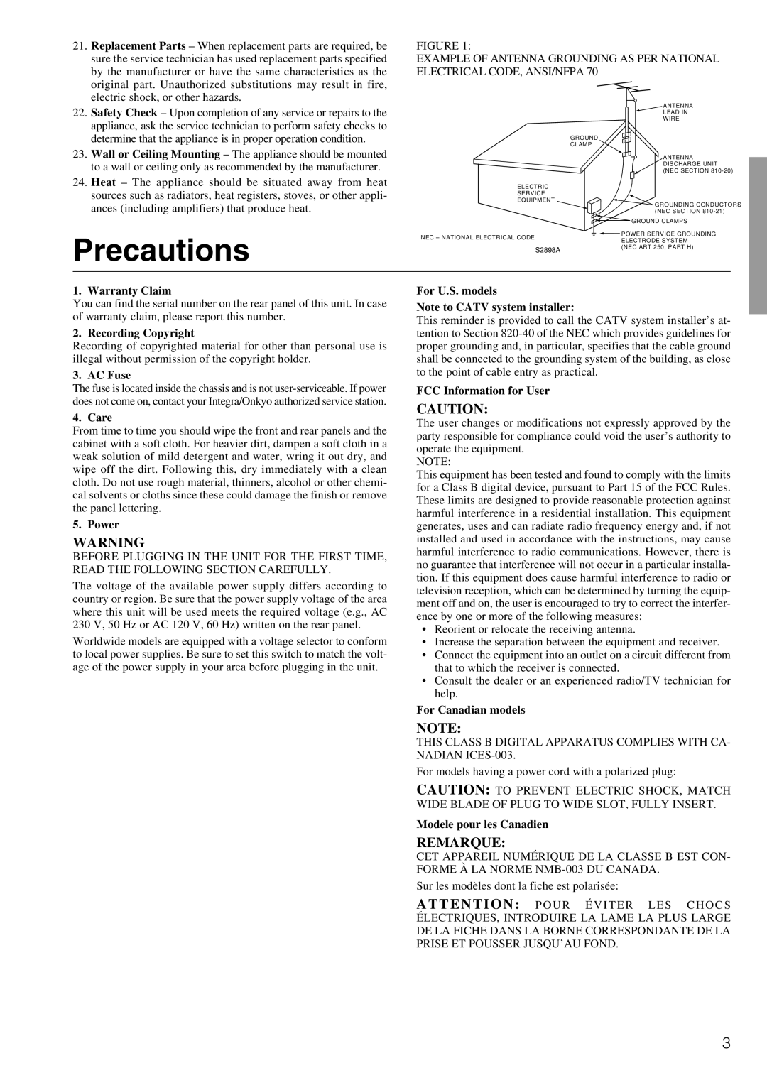 Integra DTR-6.2 instruction manual Precautions 