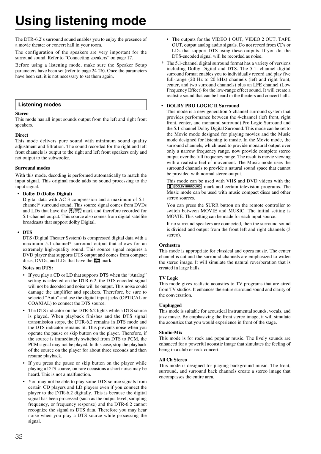 Integra DTR-6.2 instruction manual Using listening mode, Listening modes 