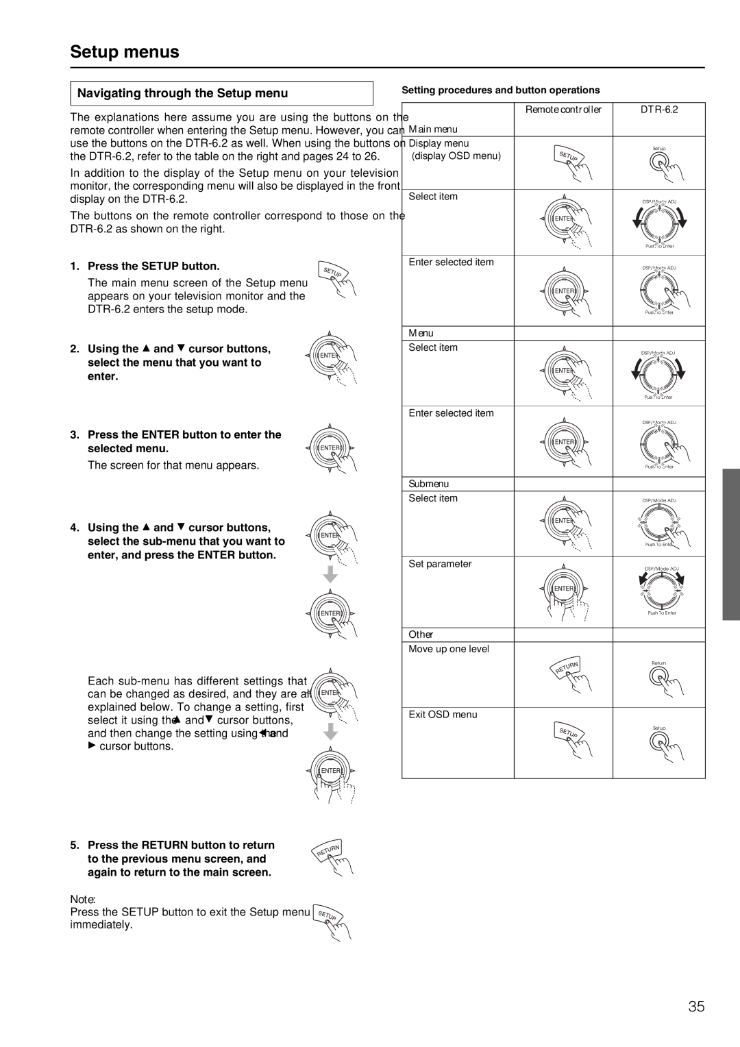 Integra DTR-6.2 instruction manual Setup menus, Navigating through the Setup menu, Setting procedures and button operations 