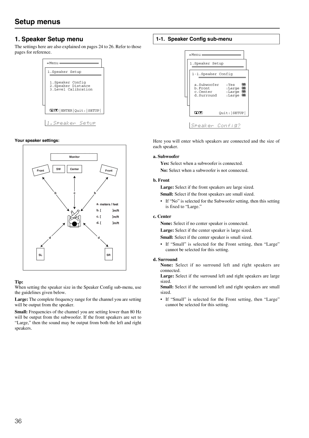 Integra DTR-6.2 instruction manual Speaker Config sub-menu 