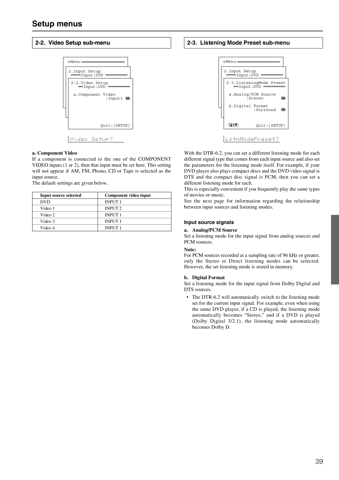 Integra DTR-6.2 instruction manual Video Setup sub-menu, Listening Mode Preset sub-menu, Input source signals 