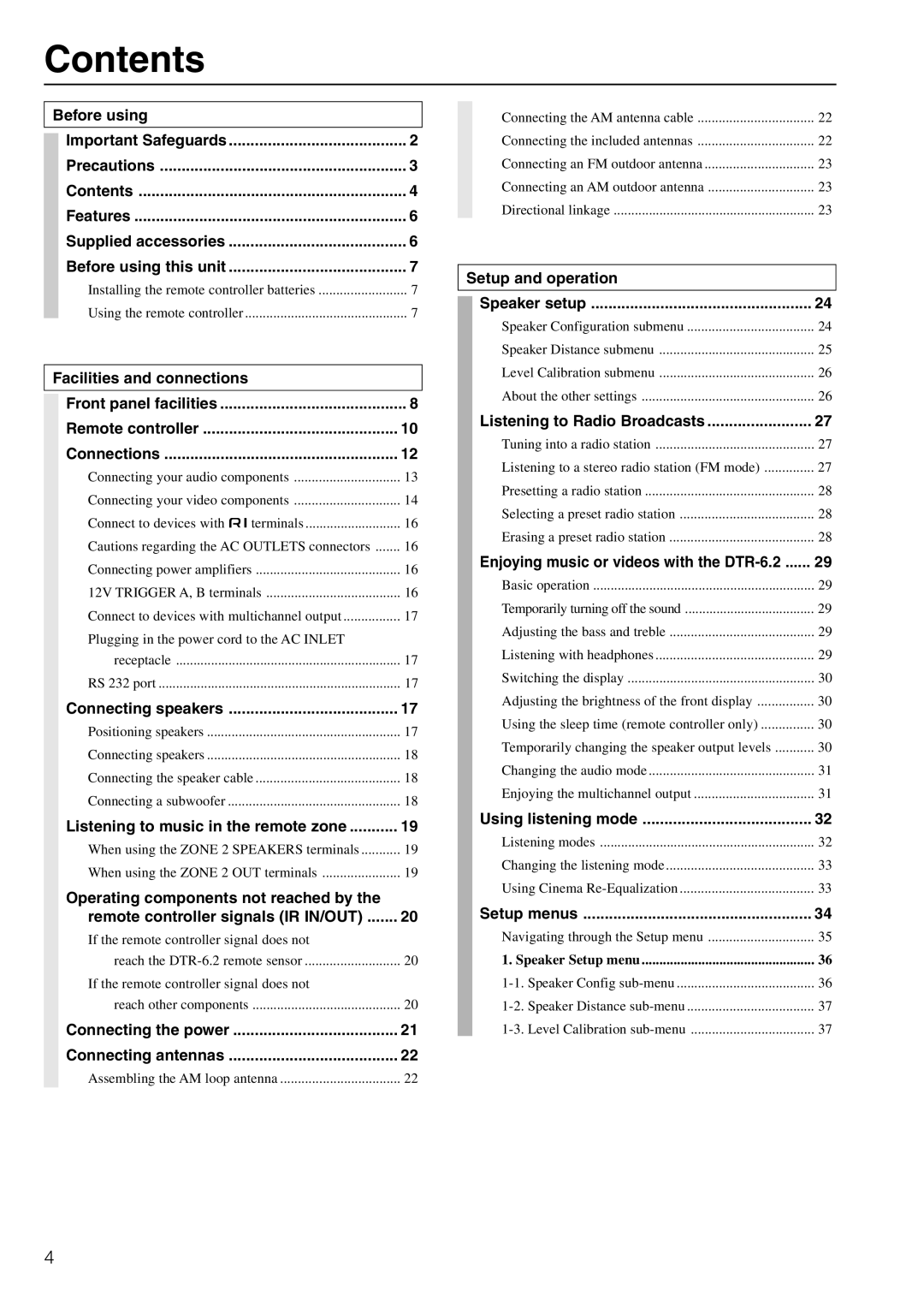 Integra DTR-6.2 instruction manual Contents 