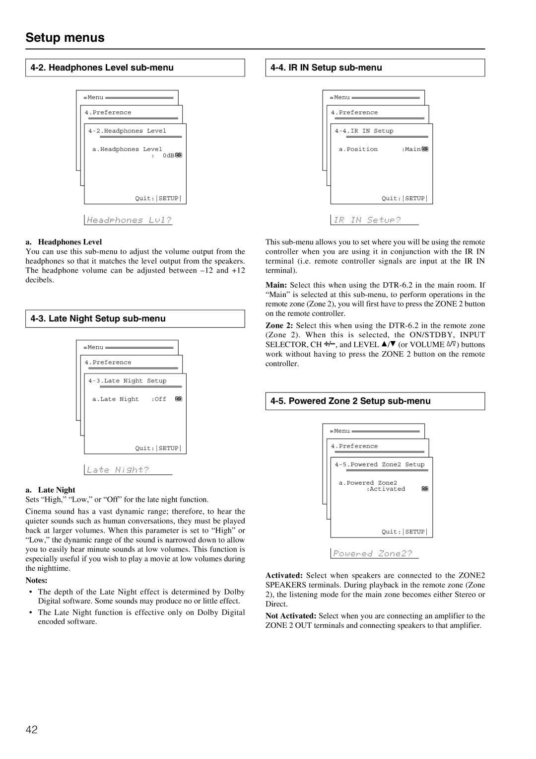 Integra DTR-6.2 Headphones Level sub-menu, IR in Setup sub-menu, Late Night Setup sub-menu, Powered Zone 2 Setup sub-menu 