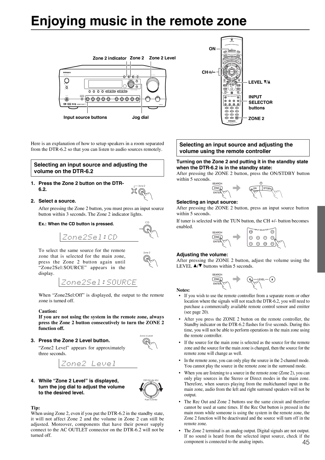 Integra DTR-6.2 instruction manual Enjoying music in the remote zone 