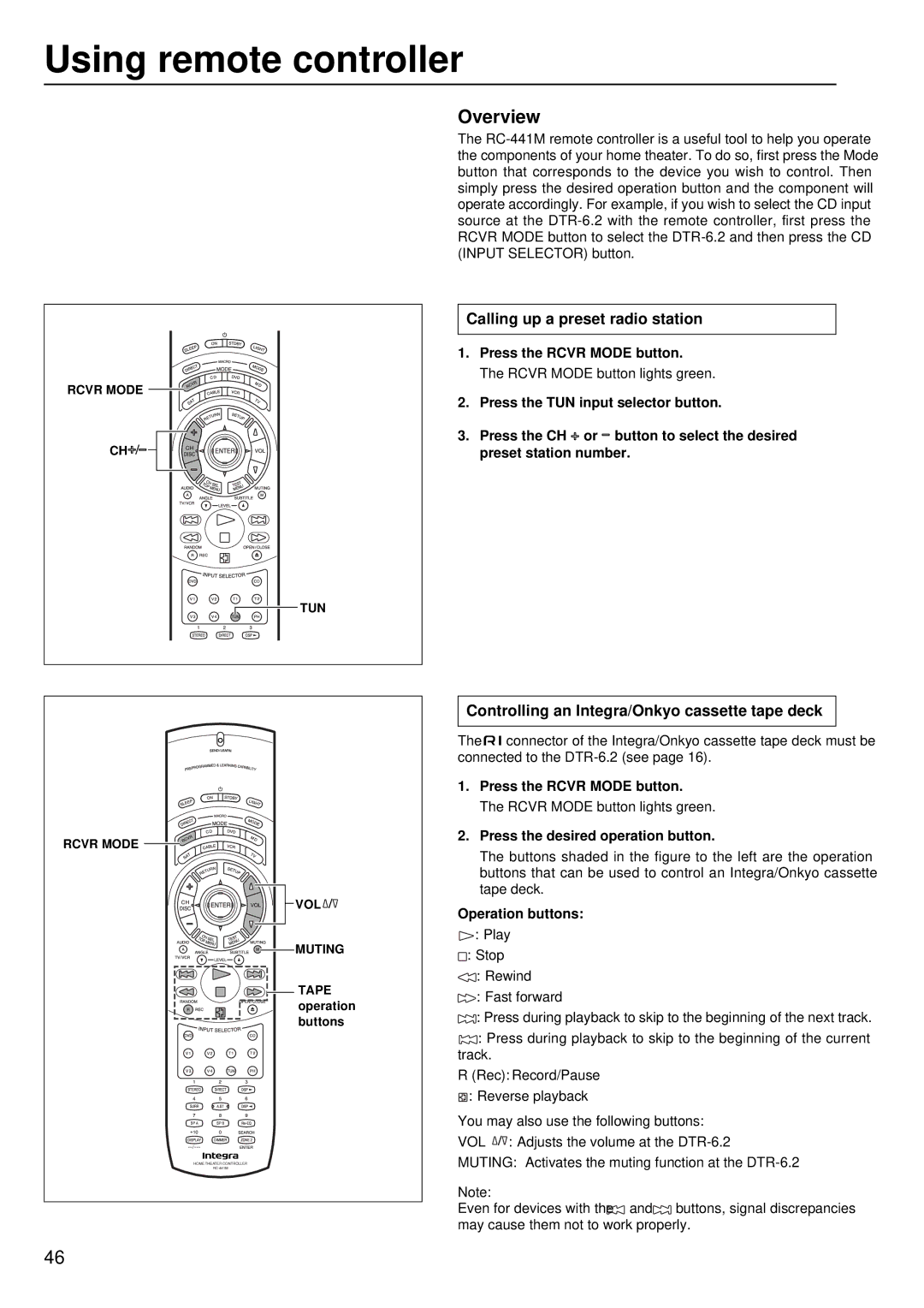 Integra DTR-6.2 Using remote controller, Calling up a preset radio station, Press the desired operation button 