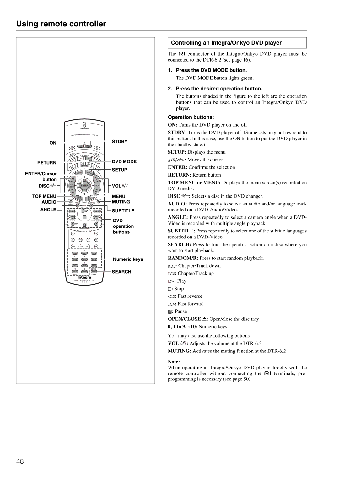 Integra DTR-6.2 instruction manual Controlling an Integra/Onkyo DVD player, Press the DVD Mode button, Button, Operation 