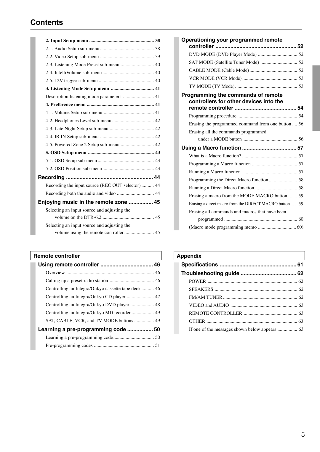 Integra DTR-6.2 instruction manual Contents 