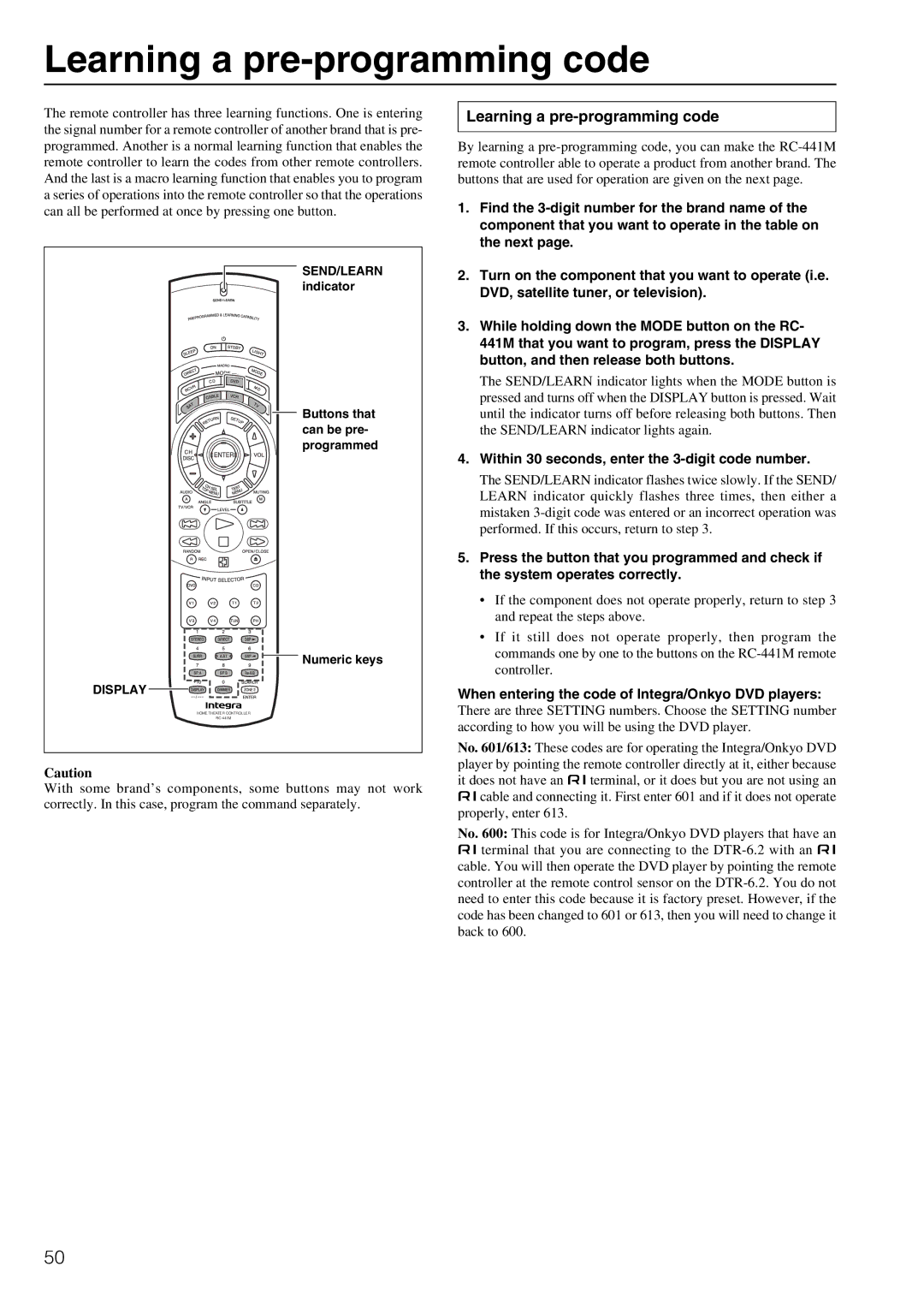 Integra DTR-6.2 instruction manual Learning a pre-programming code, Within 30 seconds, enter the 3-digit code number 