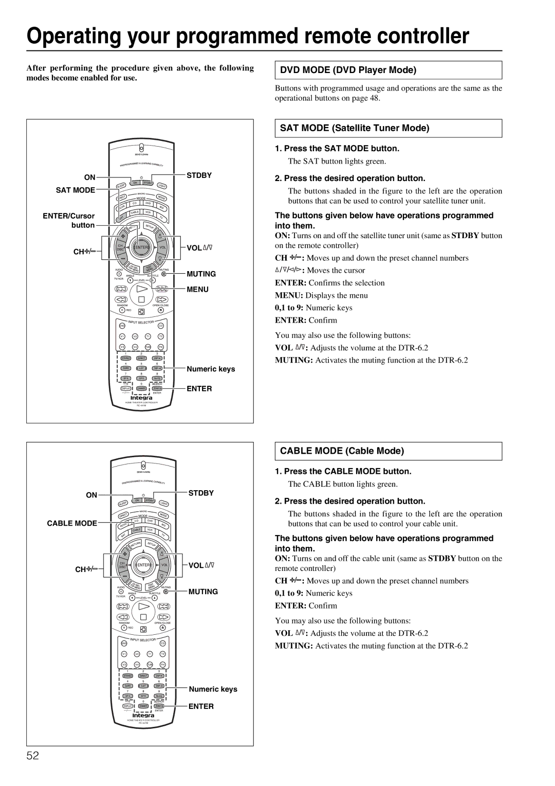 Integra DTR-6.2 Operating your programmed remote controller, DVD Mode DVD Player Mode, SAT Mode Satellite Tuner Mode 