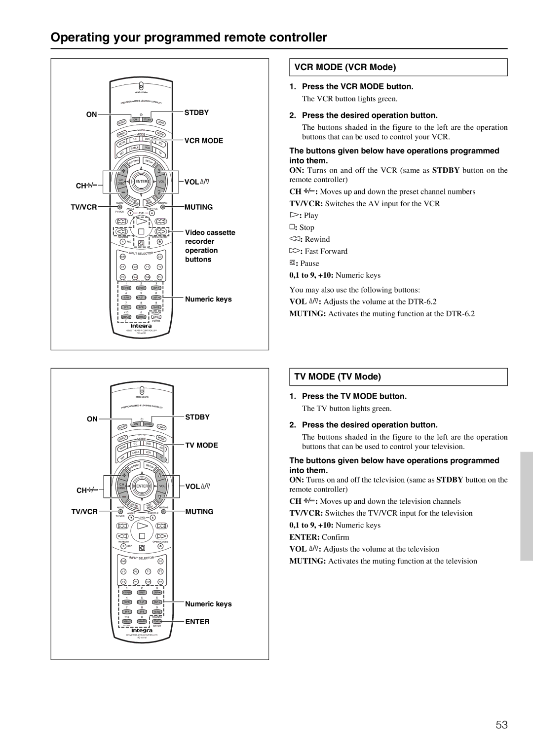 Integra DTR-6.2 Operating your programmed remote controller, VCR Mode VCR Mode, TV Mode TV Mode, Press the VCR Mode button 