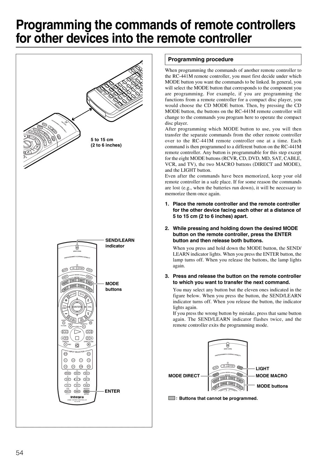 Integra DTR-6.2 instruction manual Programming procedure, To 15 cm, Indicator, Buttons that cannot be programmed 