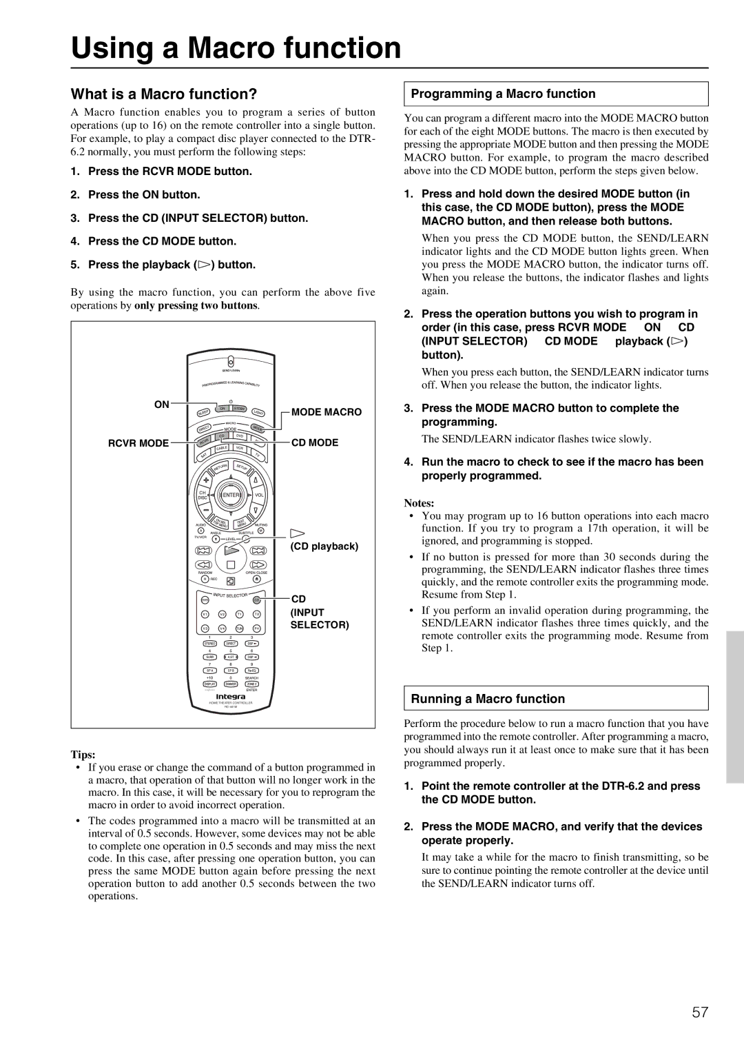 Integra DTR-6.2 instruction manual Using a Macro function, Programming a Macro function, Running a Macro function, Tips 