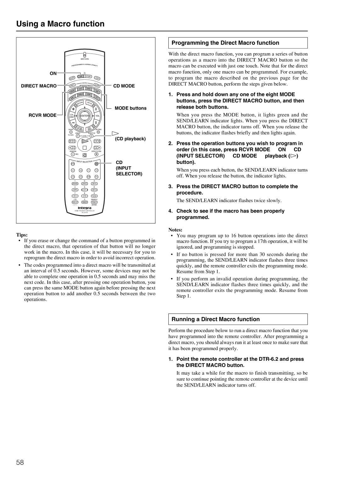 Integra DTR-6.2 Using a Macro function, Programming the Direct Macro function, Running a Direct Macro function 