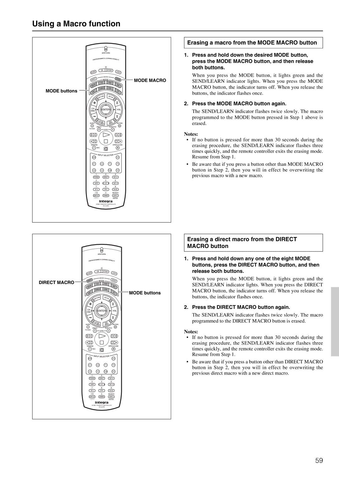 Integra DTR-6.2 Erasing a macro from the Mode Macro button, Erasing a direct macro from the Direct Macro button 
