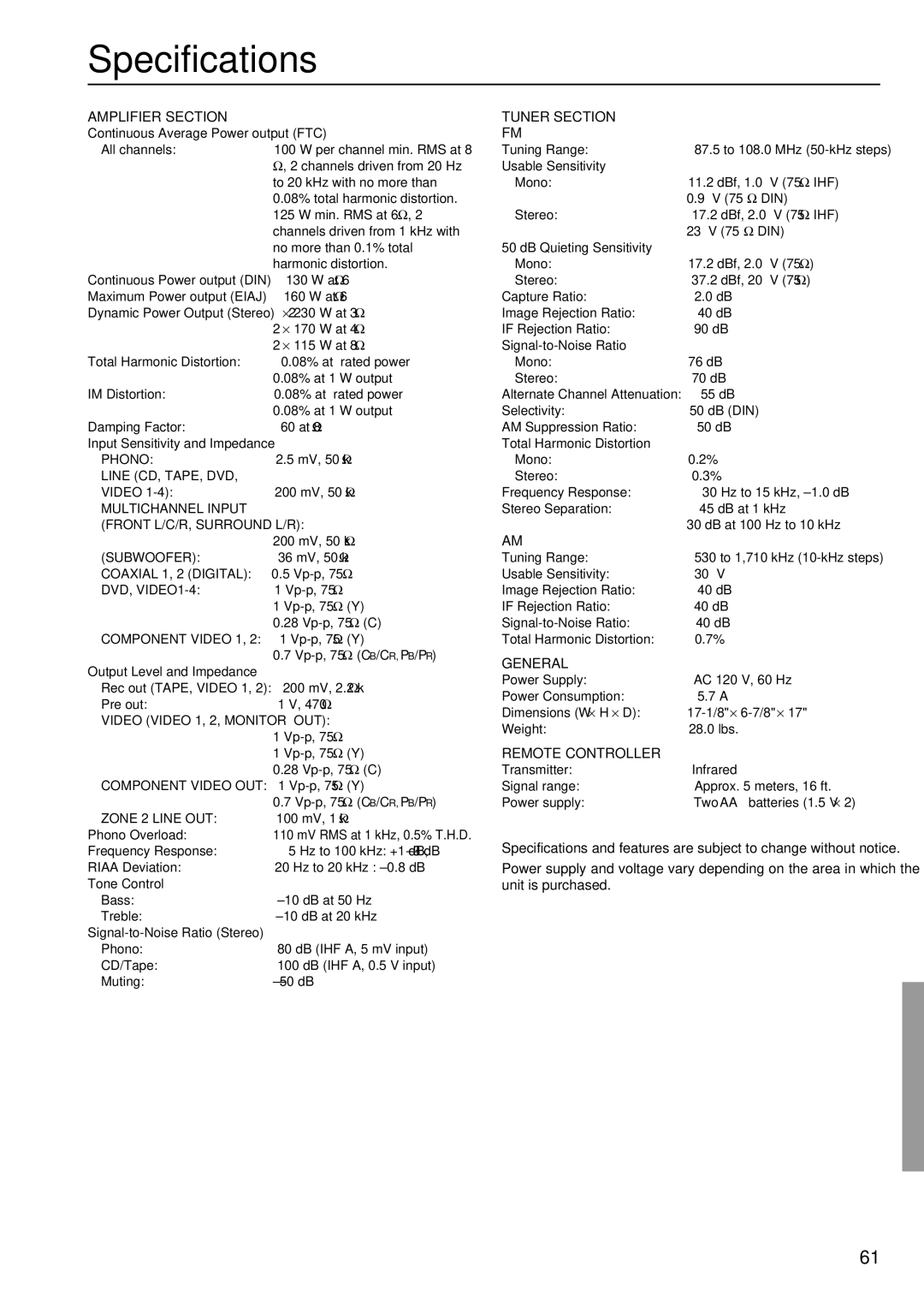 Integra DTR-6.2 instruction manual Specifications, Amplifier Section 