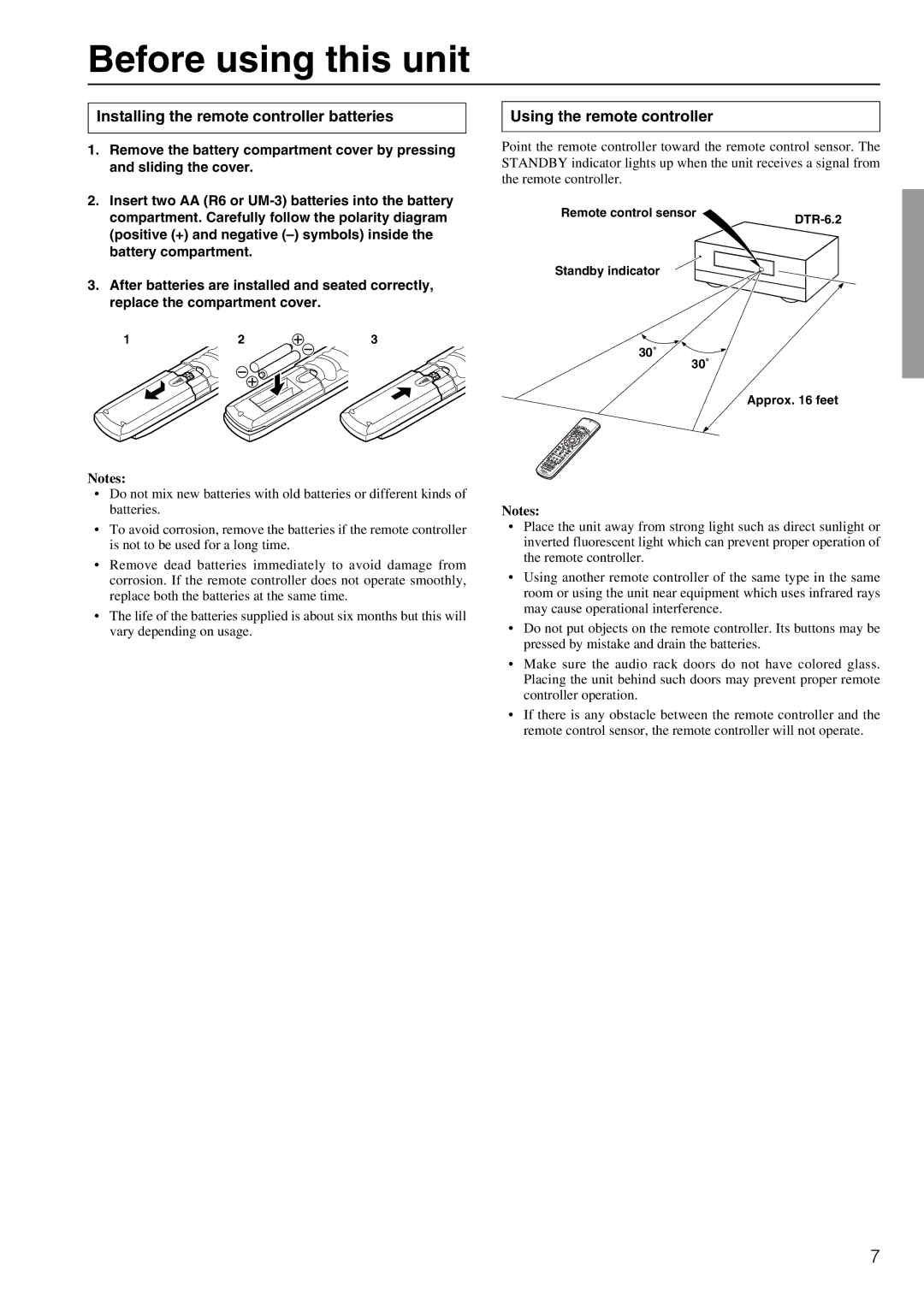 Integra DTR-6.2 Before using this unit, Installing the remote controller batteries, Using the remote controller 