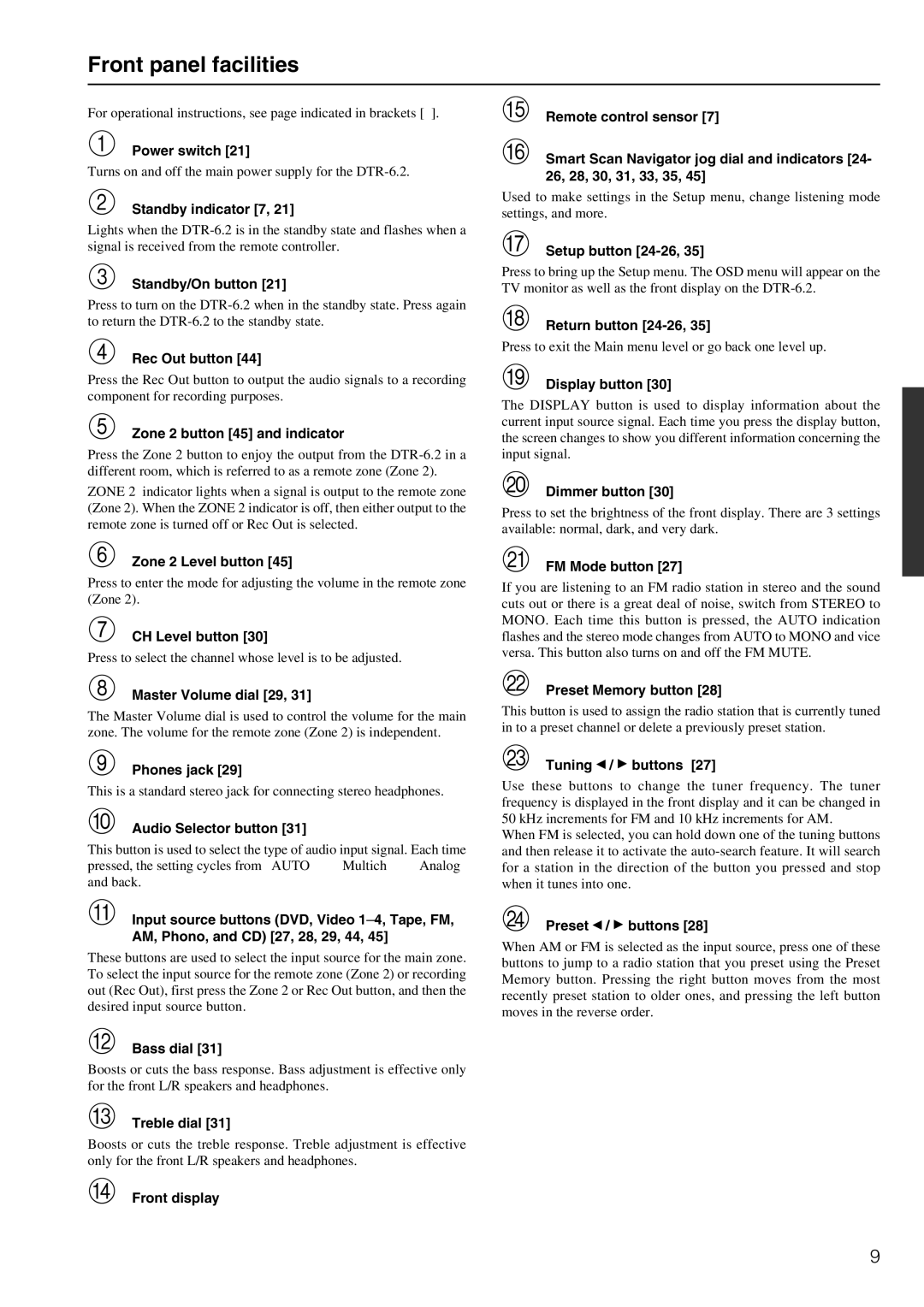 Integra DTR-6.2 instruction manual Front panel facilities 