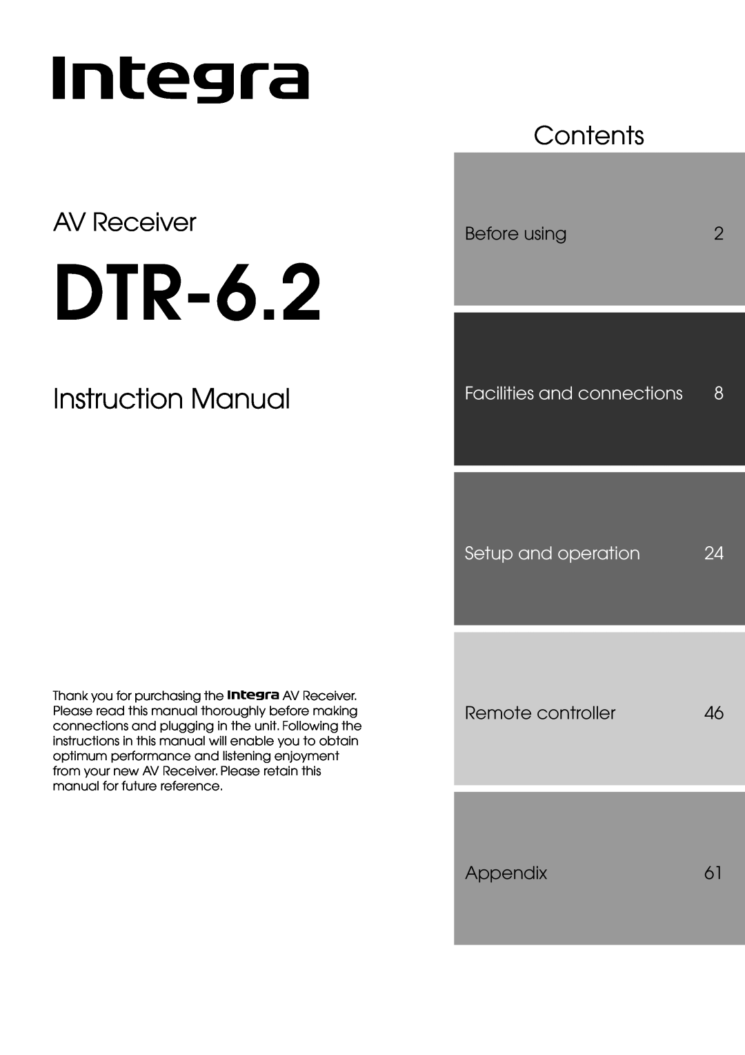 Integra DTR-6.2 instruction manual AV Receiver, Contents, Before using, Facilities and connections, Setup and operation 
