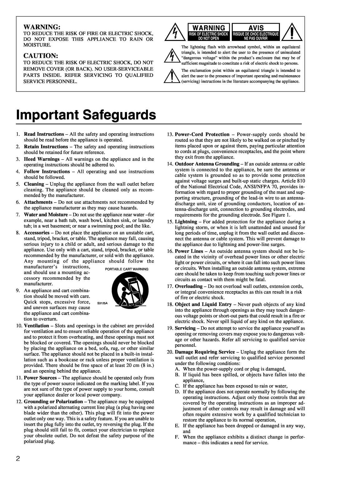 Integra DTR-6.2 instruction manual Important Safeguards, Avis 