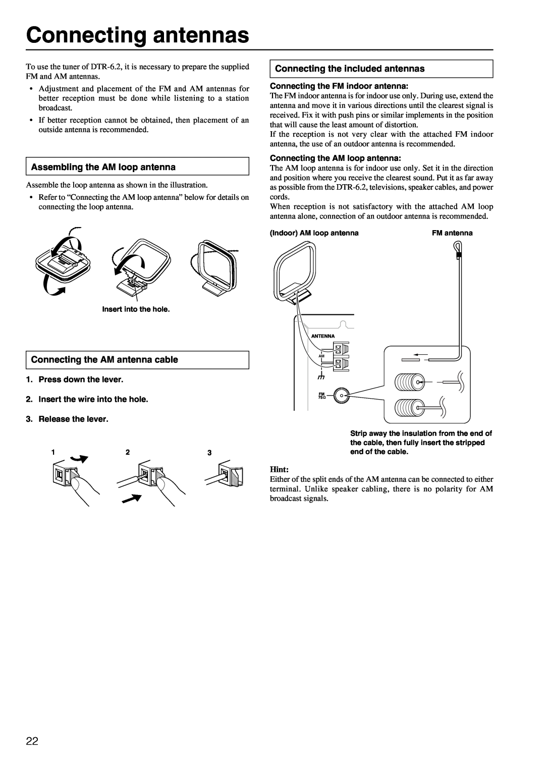 Integra DTR-6.2 instruction manual Connecting antennas, Assembling the AM loop antenna, Connecting the AM antenna cable 