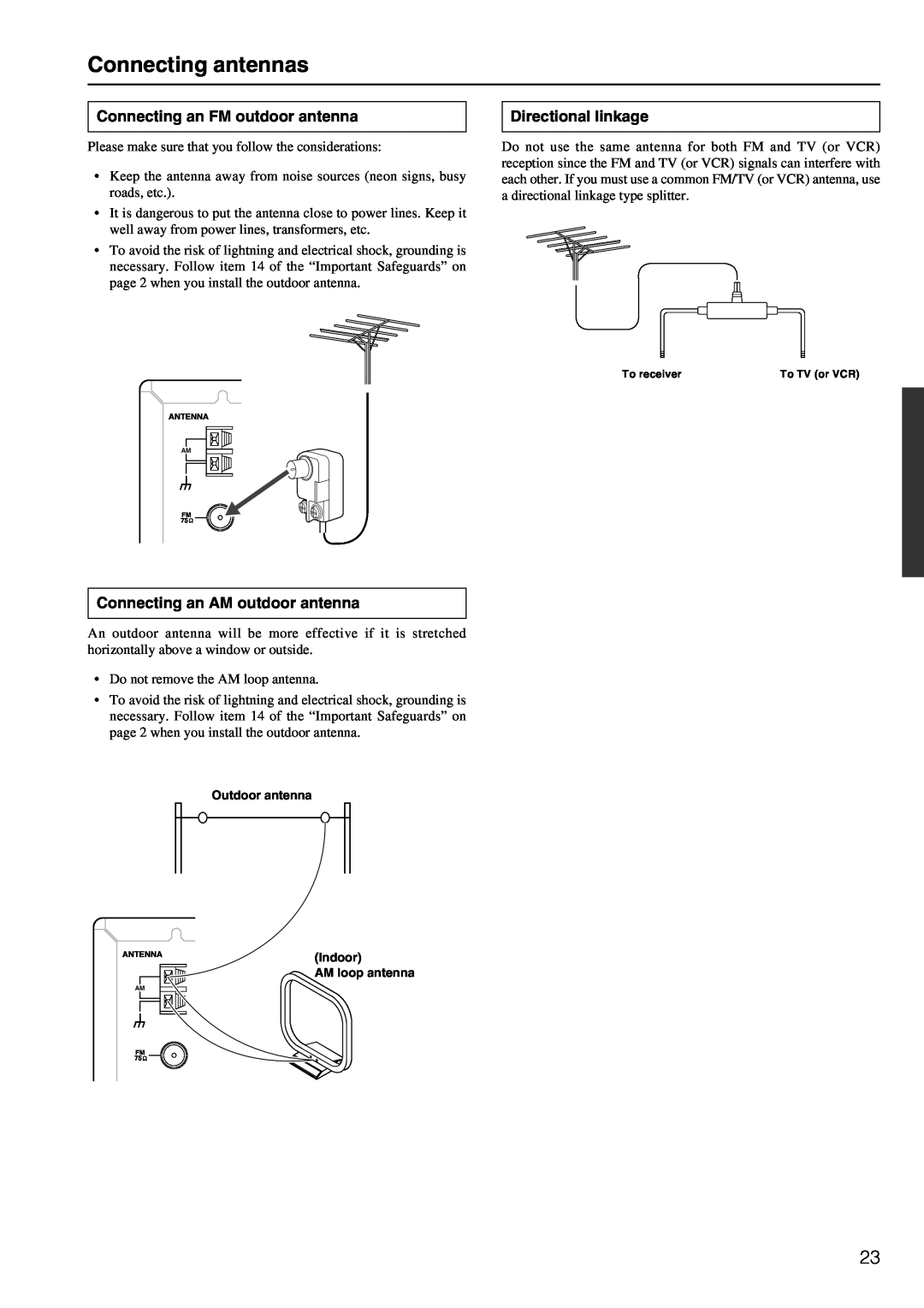 Integra DTR-6.2 instruction manual Connecting antennas, Connecting an FM outdoor antenna, Directional linkage 