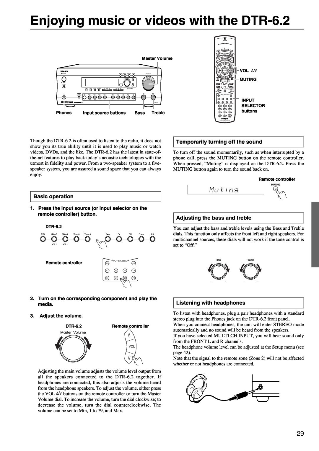 Integra instruction manual Enjoying music or videos with the DTR-6.2, Temporarily turning off the sound, Basic operation 