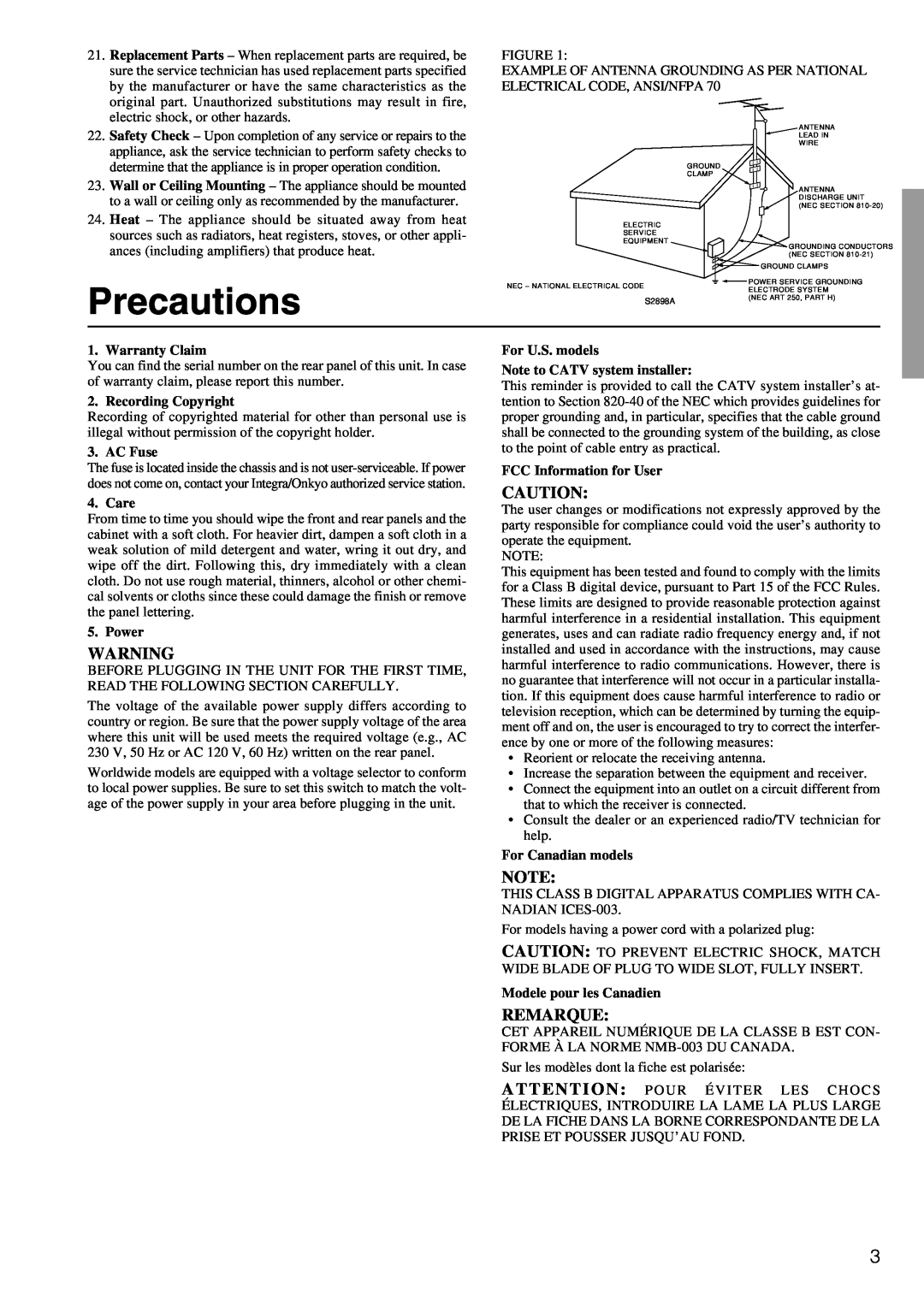 Integra DTR-6.2 instruction manual Precautions, Remarque 