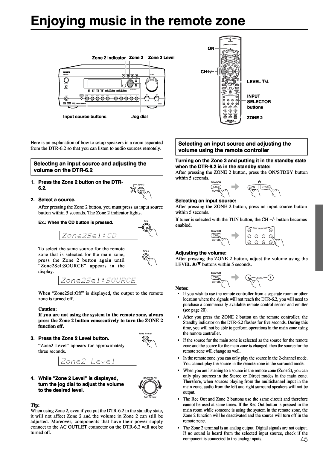Integra DTR-6.2 instruction manual Enjoying music in the remote zone 