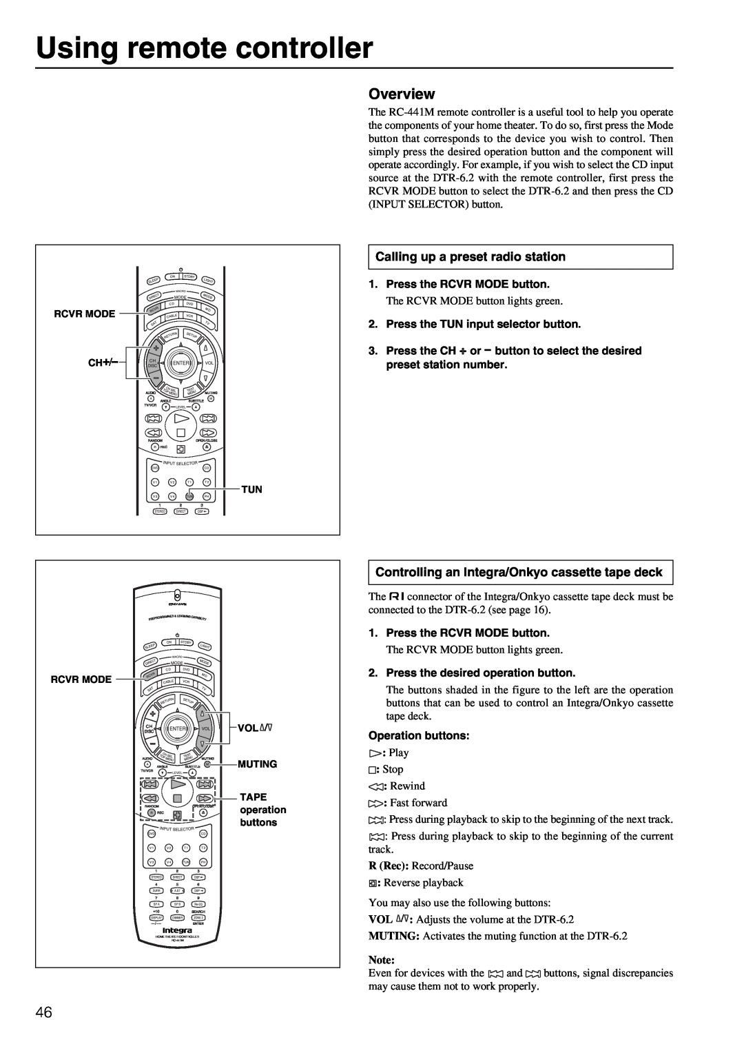 Integra DTR-6.2 instruction manual Using remote controller, Overview, Calling up a preset radio station 