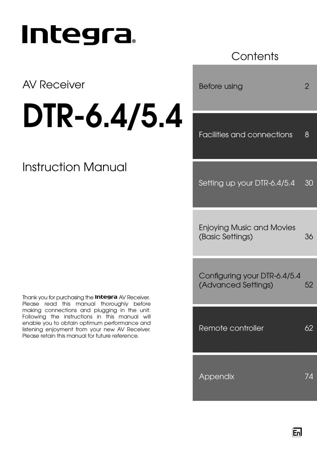 Integra DTR-6.4/5.4 instruction manual Instruction Manual, AV Receiver, Contents, Before using, Facilities and connections 