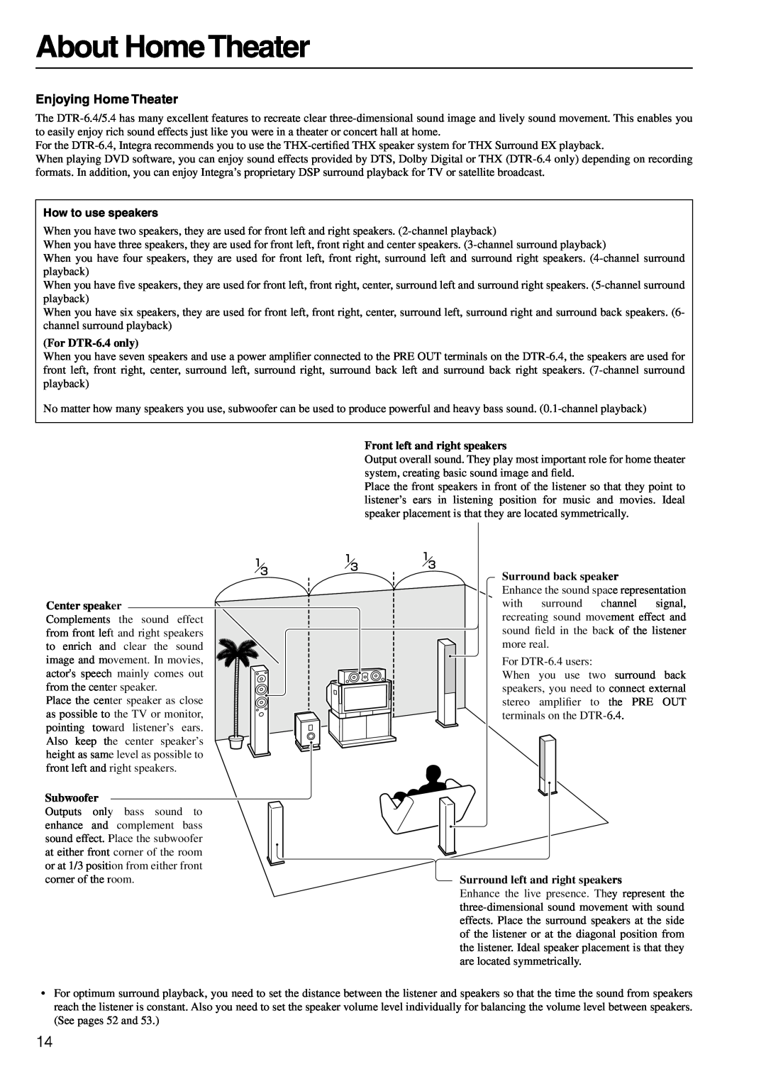 Integra DTR-6.4/5.4 instruction manual About HomeTheater, Enjoying Home Theater, For DTR-6.4only, Center speaker, Subwoofer 