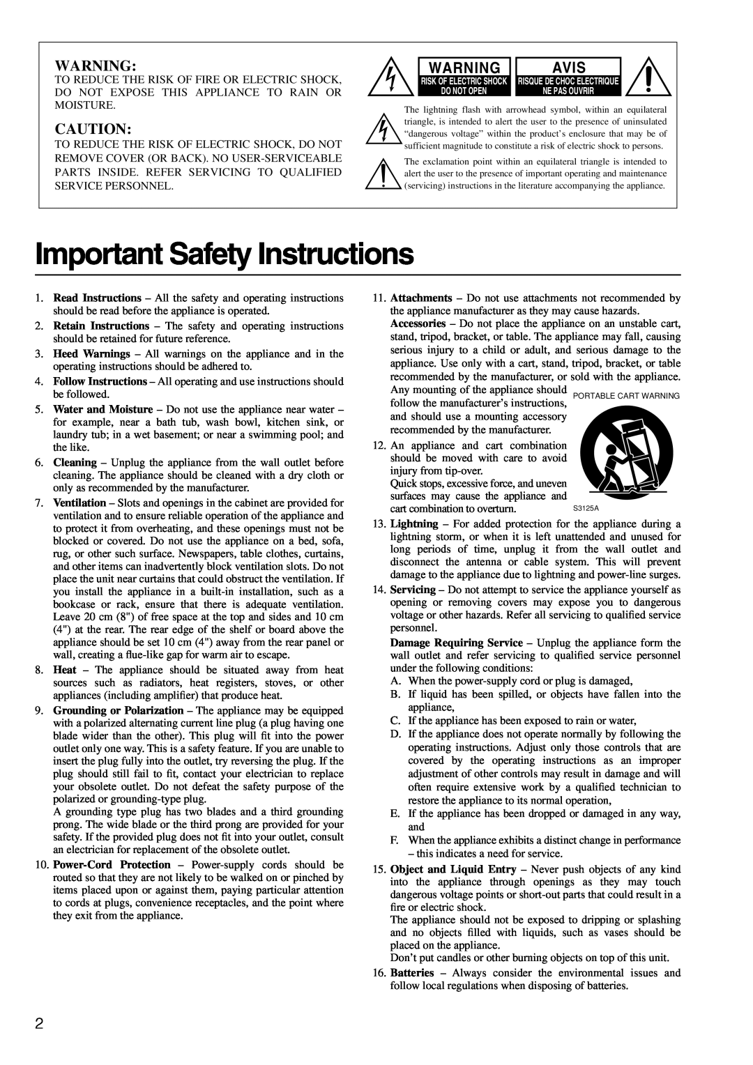 Integra DTR-6.4/5.4 instruction manual Important Safety Instructions, Avis 
