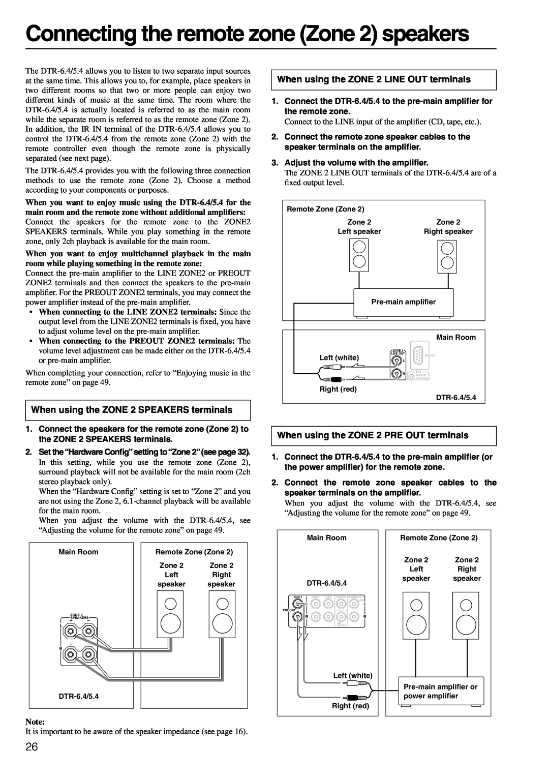 Integra DTR-6.4/5.4 instruction manual Connecting the remote zone Zone 2 speakers, When using the ZONE 2 SPEAKERS terminals 