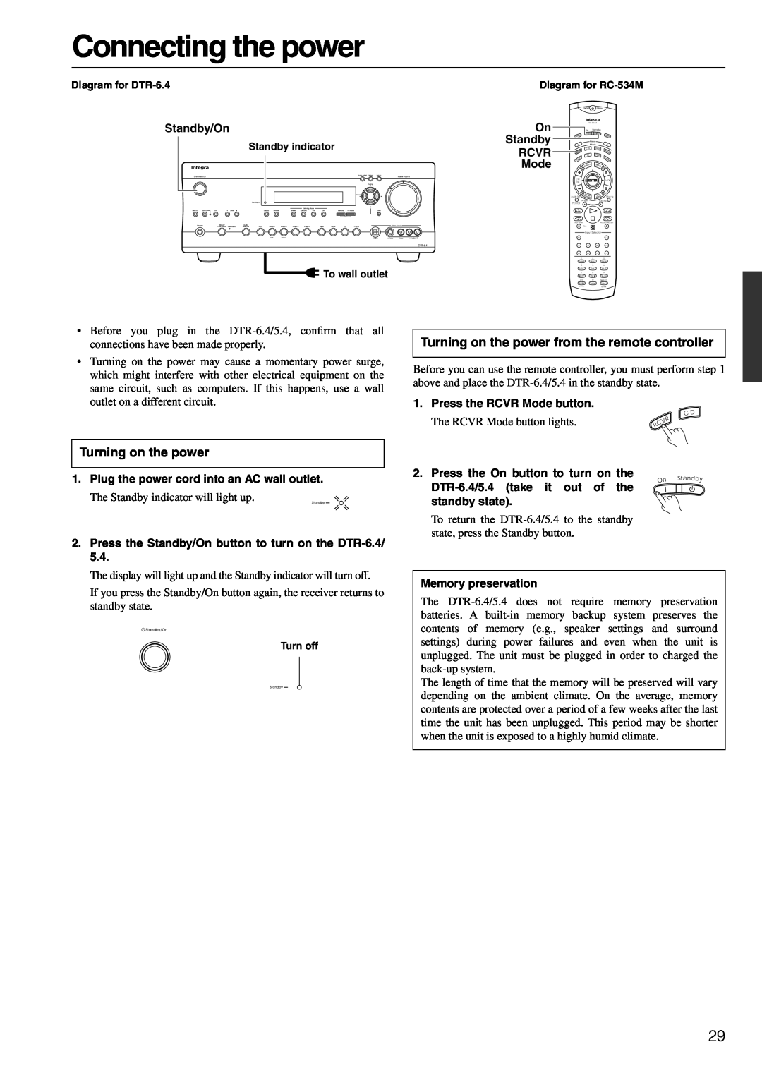 Integra DTR-6.4/5.4 instruction manual Connecting the power, Turning on the power from the remote controller 