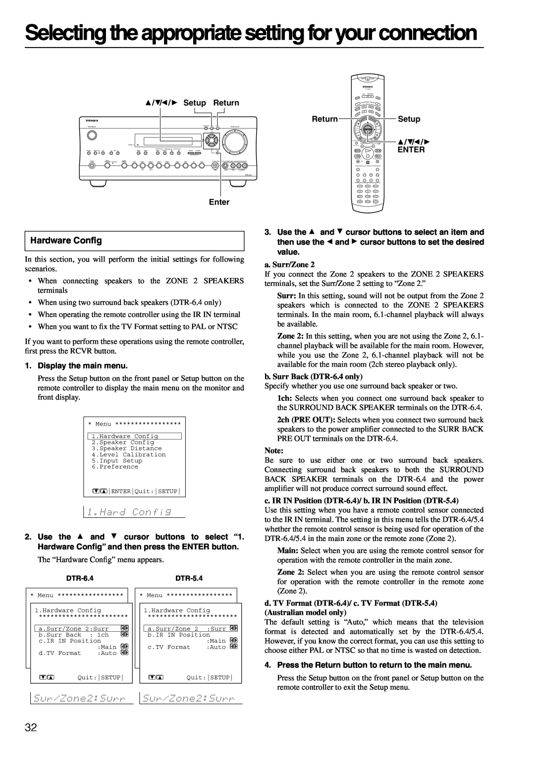 Integra DTR-6.4/5.4 instruction manual Hardware Conﬁg, a. Surr/Zone, b. Surr Back DTR-6.4only 