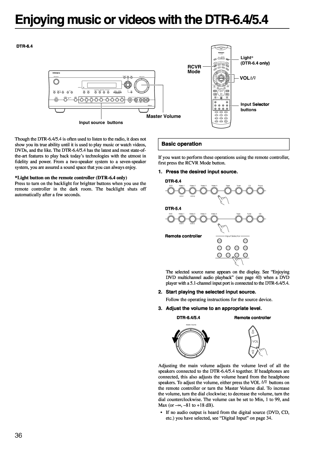 Integra instruction manual Enjoying music or videos with the DTR-6.4/5.4, Basic operation 