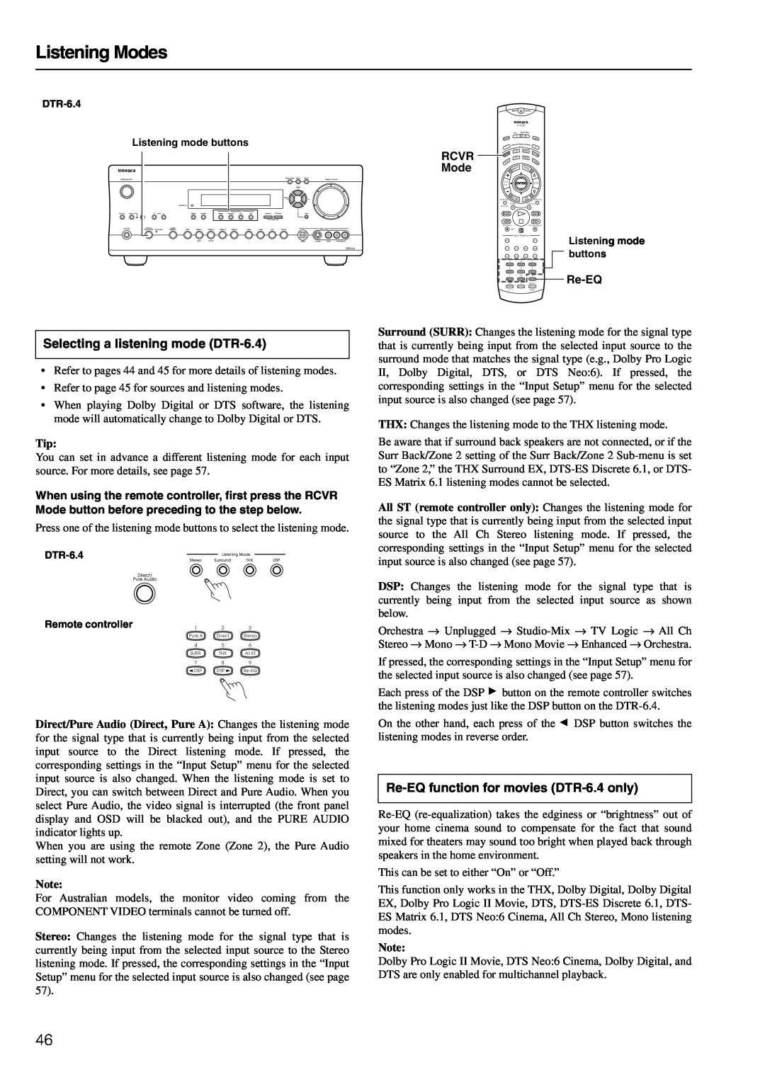 Integra DTR-6.4/5.4 Selecting a listening mode DTR-6.4, Re-EQfunction for movies DTR-6.4only, Listening Modes 