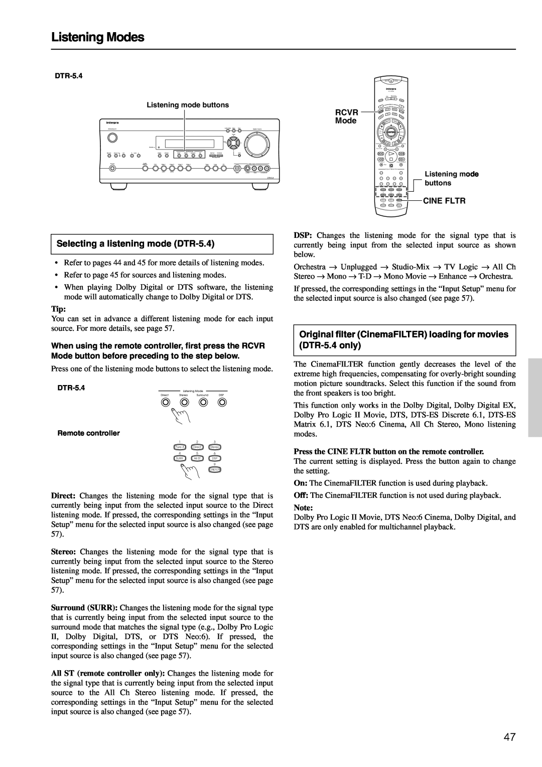 Integra DTR-6.4/5.4 instruction manual Selecting a listening mode DTR-5.4, Listening Modes 